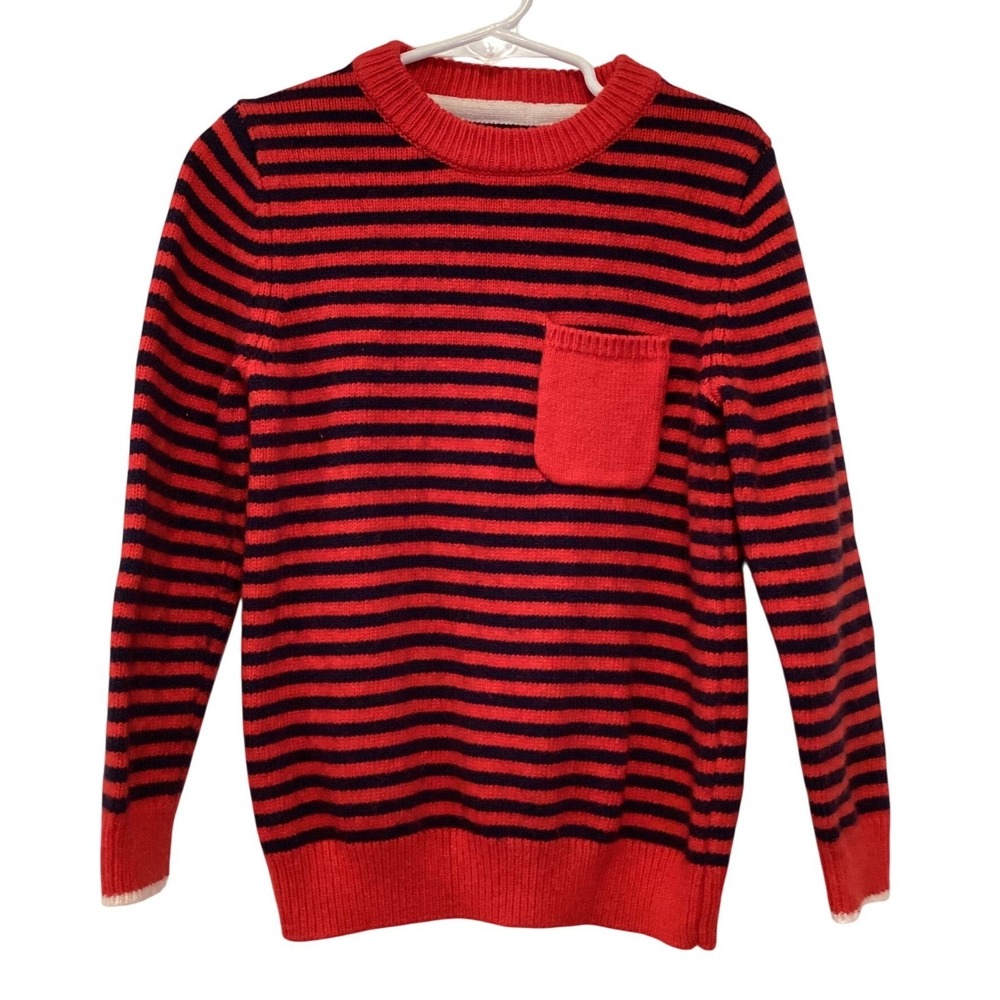 Boden Red Navy Blue Striped Wool Alpaca Blend Pocket Sweater Size 5-6Y
